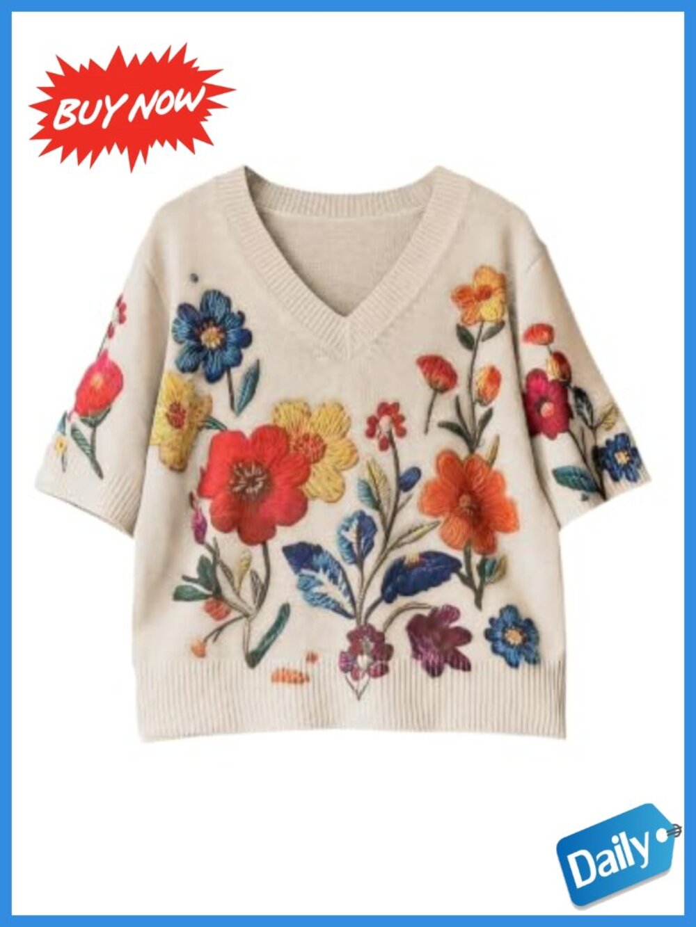 WDIRARA Floral Short Sleeve V-Neck Knit Sweater Boho Vintage Pullover